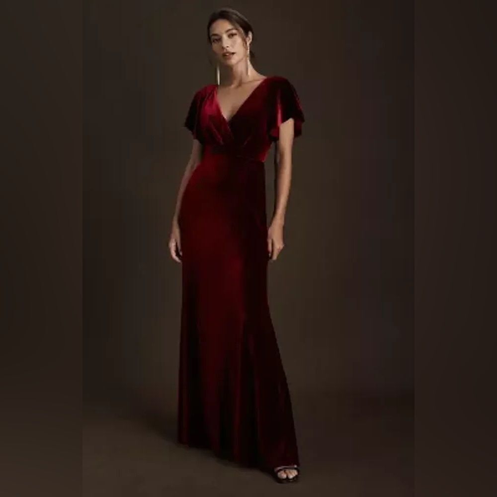 Jenny Yoo Ellis Flutter-Sleeve Open-Back Velvet Gown